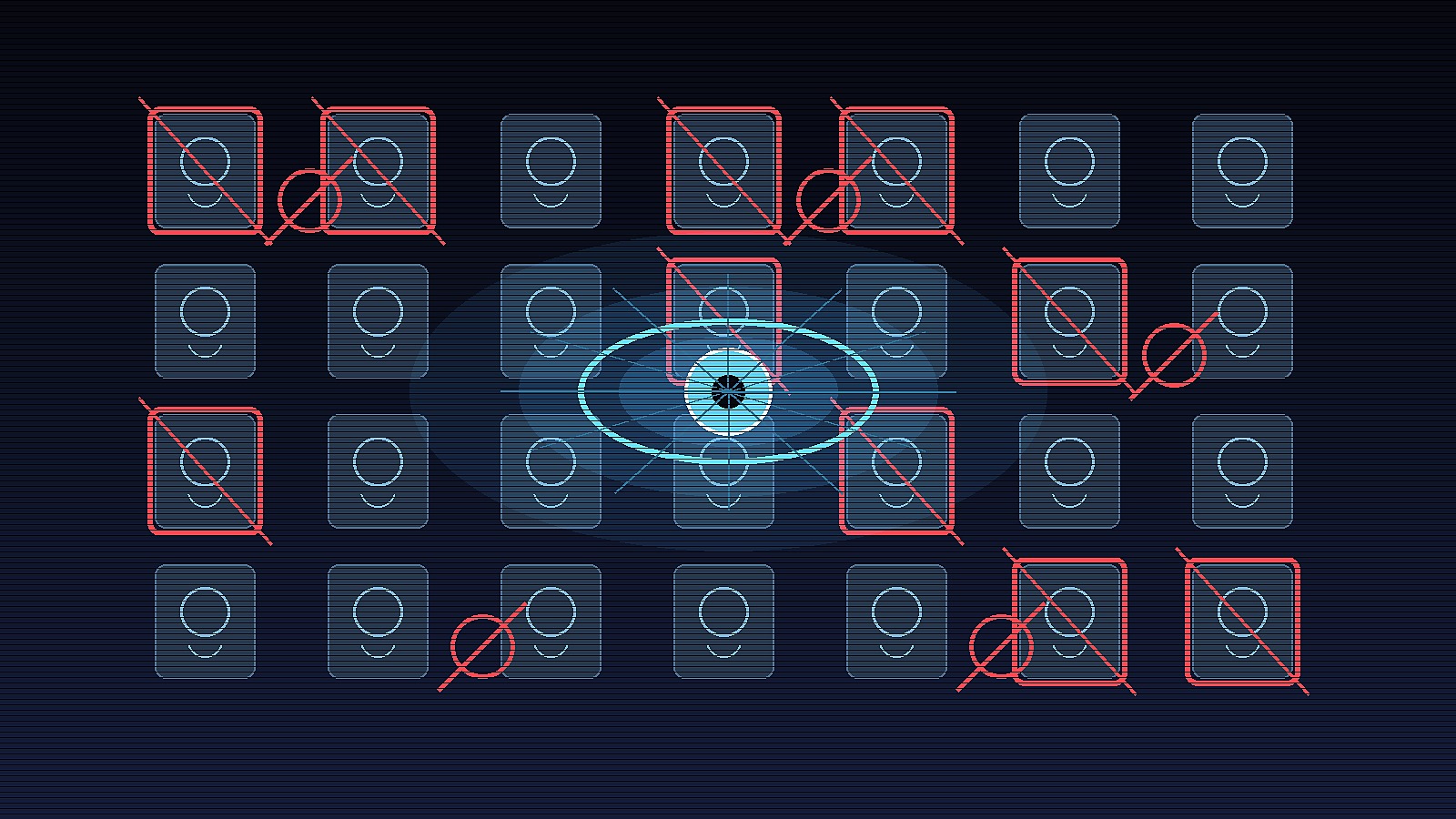 A facial recognition scanning interface highlighting false matches in a grid of public profile silhouettes