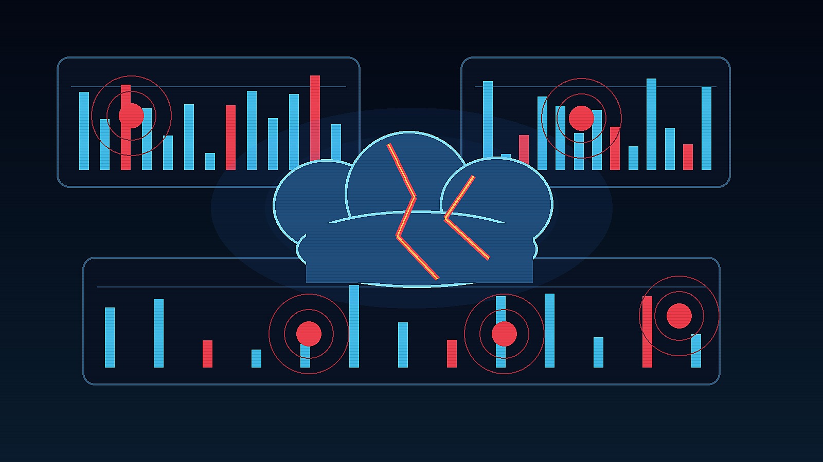 A dark enterprise AI operations dashboard showing failed server nodes and outage alerts