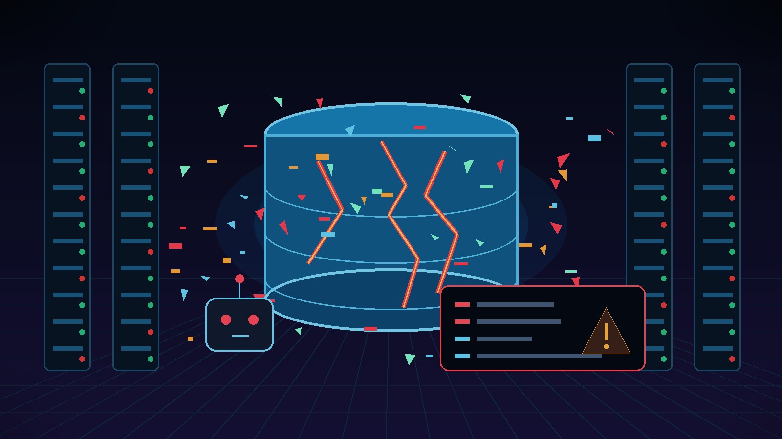 A glowing database cylinder cracking apart while a small AI agent types a destructive command in a dark server room